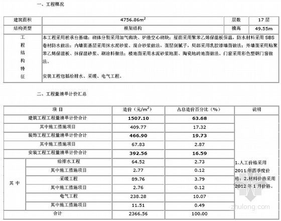 17层框架结构住宅楼建筑安装工程造价指标分析-某住宅工程造价分析 