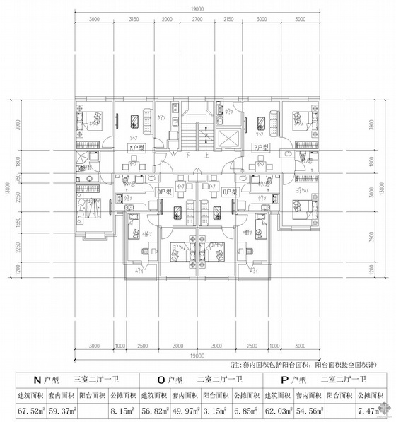 CAD多层小区户型图资料下载-板式多层一梯四户户型图(68/57/57/62)