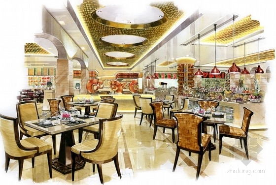 [四川]最佳旅游城市豪华标准五星级酒店设计方案全日餐厅效果图 