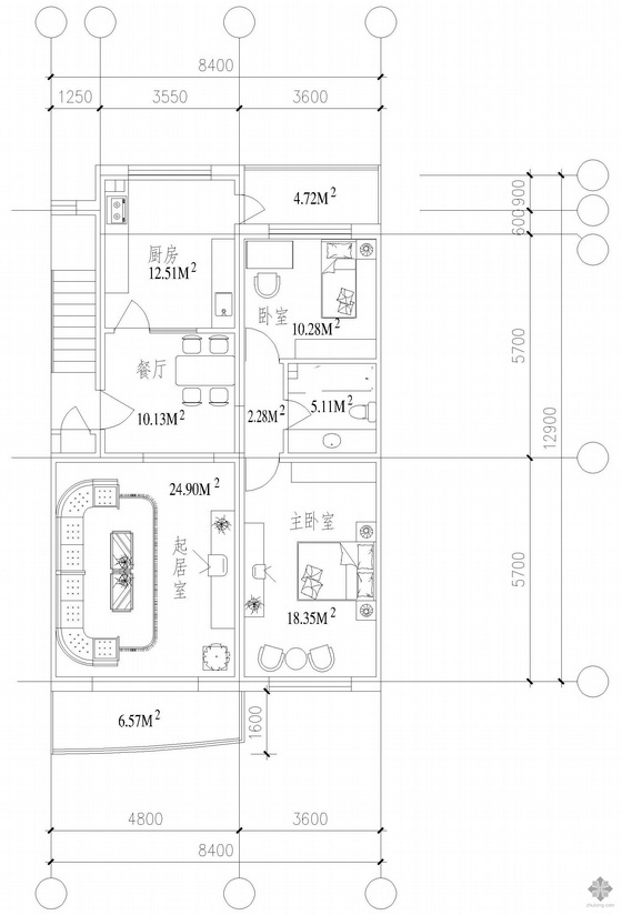 室内户型两室资料下载-板式多层两室单户户型图(120)
