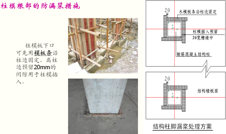 建筑工程钢筋混凝土结构施工工艺及质量要点培训PPT（近100页）-柱模根部的防漏浆措施