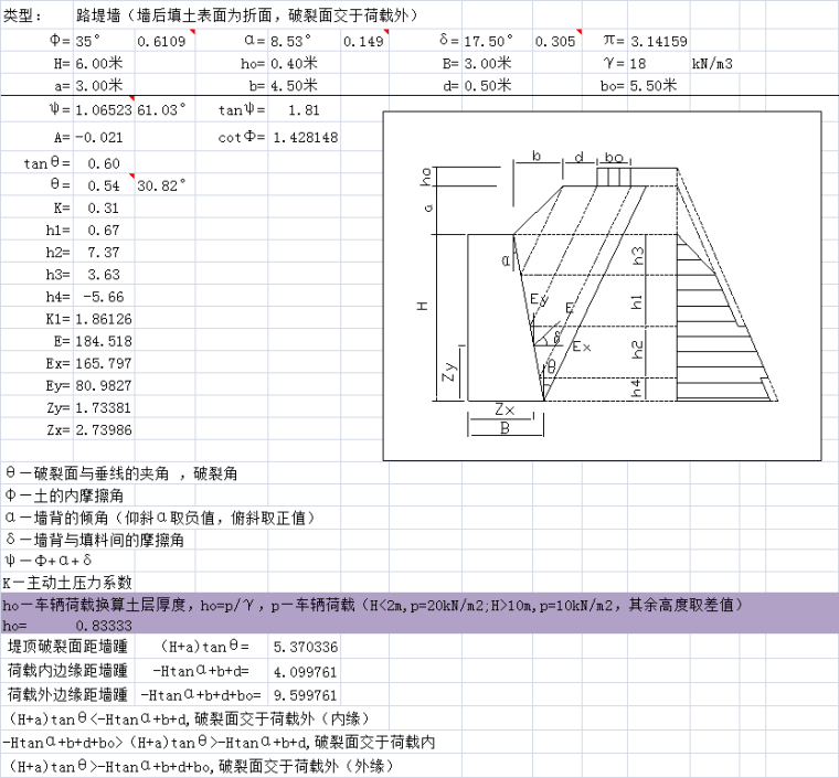 挡土墙计算表资料下载-挡土墙主动土压力计算EXCEL表，只需填入参数自动计算结果