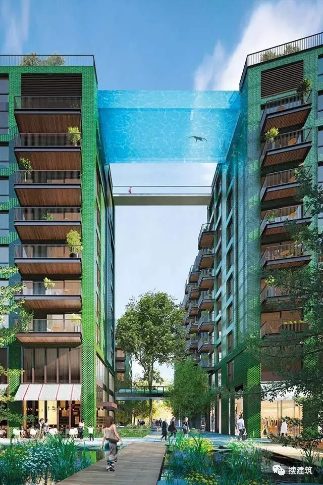 泳池公寓平面图资料下载-27米长的“空中泳池”，在两栋大楼的第10层连接在一起，中间完全