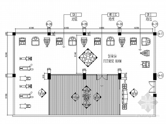 健身房平面布置方案资料下载-[江苏]超五星级酒店健身房装修设计CAD施工图（含效果）