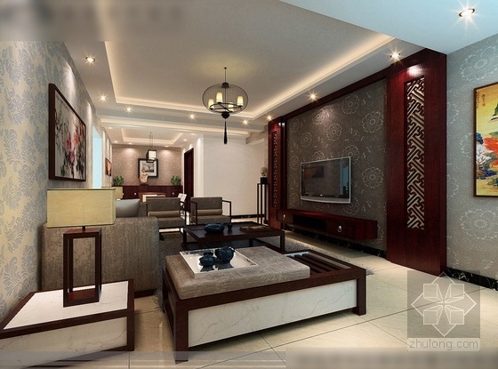 [重庆]精品楼盘新中式三居室装修图（含效果模型）客厅效果图