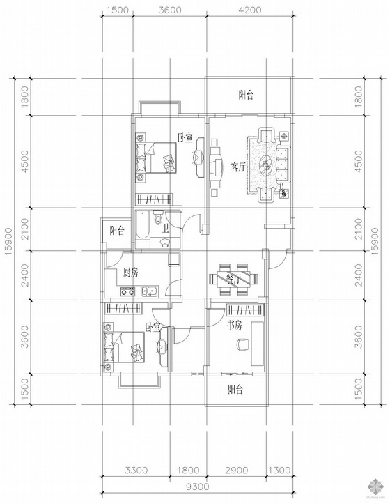 24层三室户型资料下载-板式多层单户三室二厅二卫户型图(116)