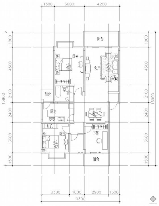 五室二厅户型图资料下载-板式多层单户三室二厅二卫户型图(116)