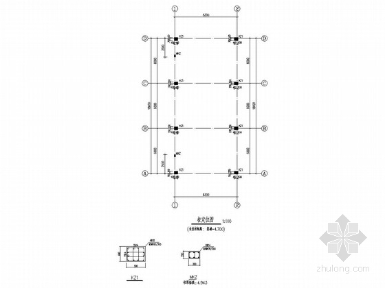 地上单层框架结构门卫结构施工图-柱定位图 