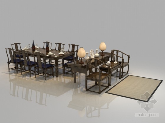 4人餐桌模型资料下载-中式古典餐桌3D模型下载