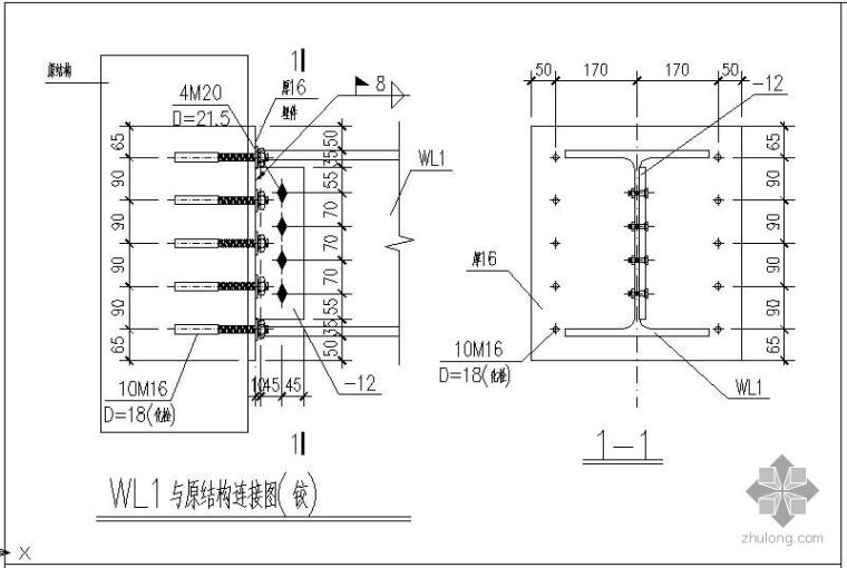 钢结构节点连接su资料下载-某钢结构与混凝土连接节点构造详图