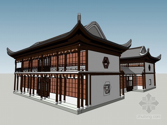 古建筑模型两层小楼资料下载-中式小楼建筑SketchUp模型下载