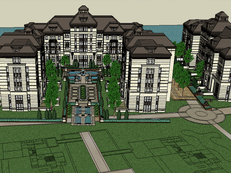 建筑居住区规划设计负责人资料下载-欧式居住区规划设计建筑SU模型