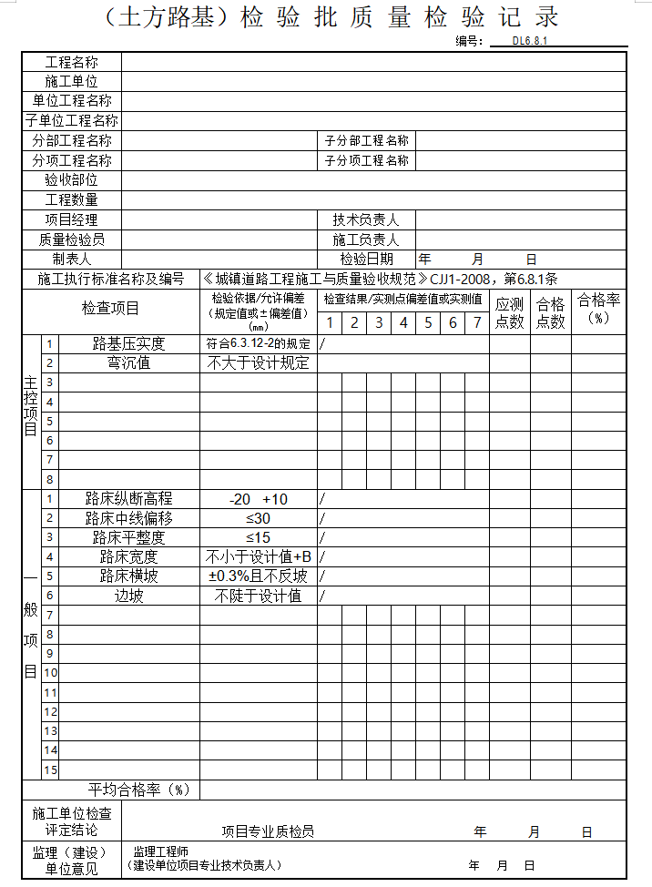 市政工程监理质量检验用表大全(道路、排水)-（土方路基）检 验 批 质 量 检 验 记 录