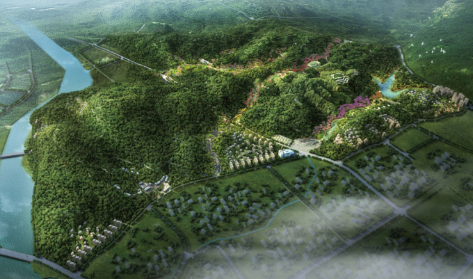 [浙江]滨江山谷生态养生药用植物园景观规划设计方案-景观鸟瞰效果图