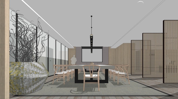 酷炫办公空间设计资料下载-中式禅意风格办公空间设计模型