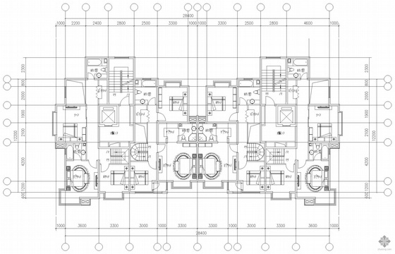 一梯九户户型平面资料下载-板式高层一梯二户户型图(97.9/97.9)