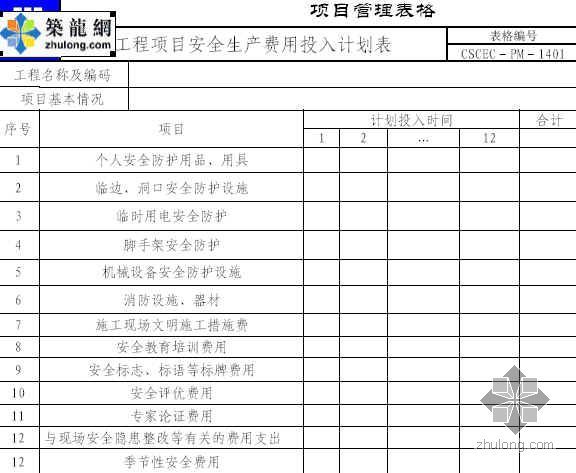 工程项目的成本管理计划表资料下载-工程项目安全生产费用投入计划表