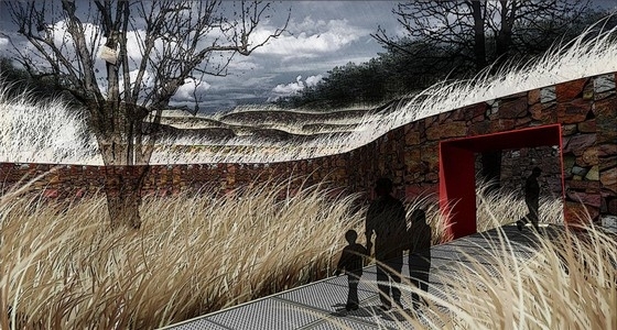 [苏州]新中式现代城市公园景观设计方案-等高线修复墙效果图 