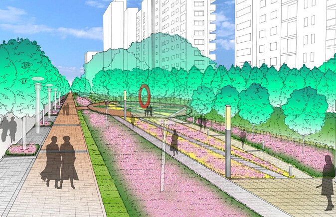 城市道路景观设计方案文本及城市规划设计31套-人行道效果图
