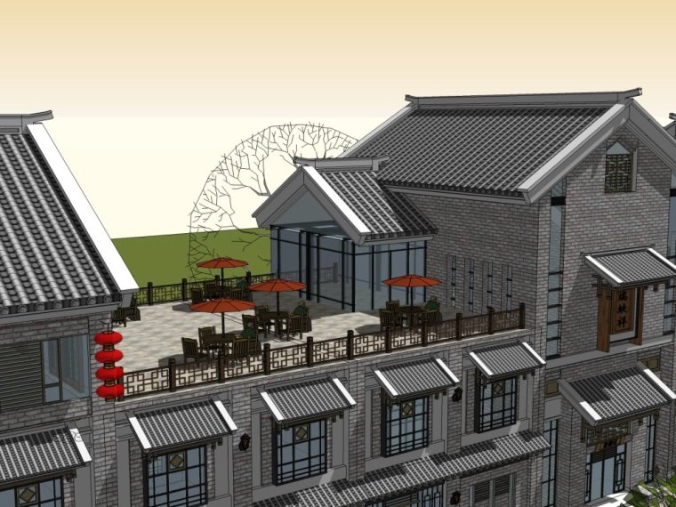 中式风格商业街建筑cad资料下载-商业街中式风格三层建筑方案设计（SU模型）