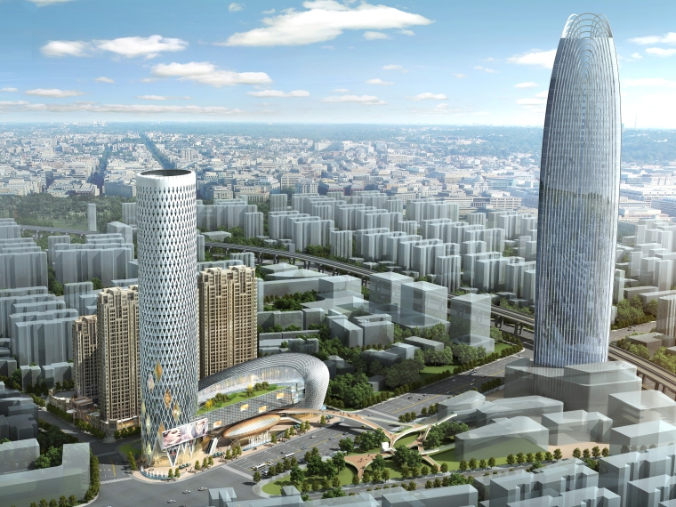 [山东]双地块现代超高层商住办城市综合体方案文本（JPG）-方案二鸟瞰图