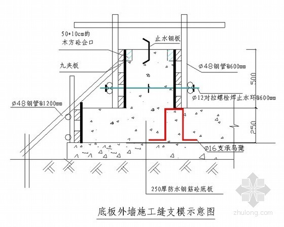 模板支模CAD图资料下载-底板外墙施工缝支模示意图