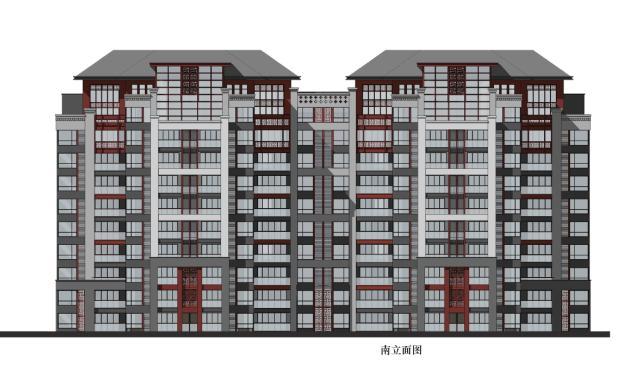 [陕西]高层新中式风格住宅建筑设计方案文本（含叠拼洋房）-高层新中式风格住宅建筑立面图