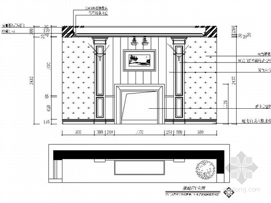 名师设计简欧风情跃层样板间CAD装修施工图（含效果）客厅立面图 