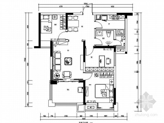 室内厨房平面CAD资料下载-[湖北]地中海温馨舒适2居室室内设计CAD施工图（含效果图）