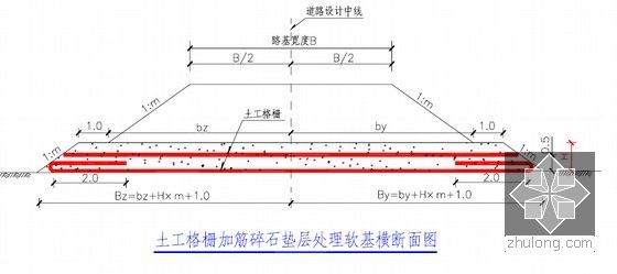 路桥工程软土地基处理设计及施工技术方法报告252页（附图丰富）-土工格栅加筋碎石垫层处理软基横断面图