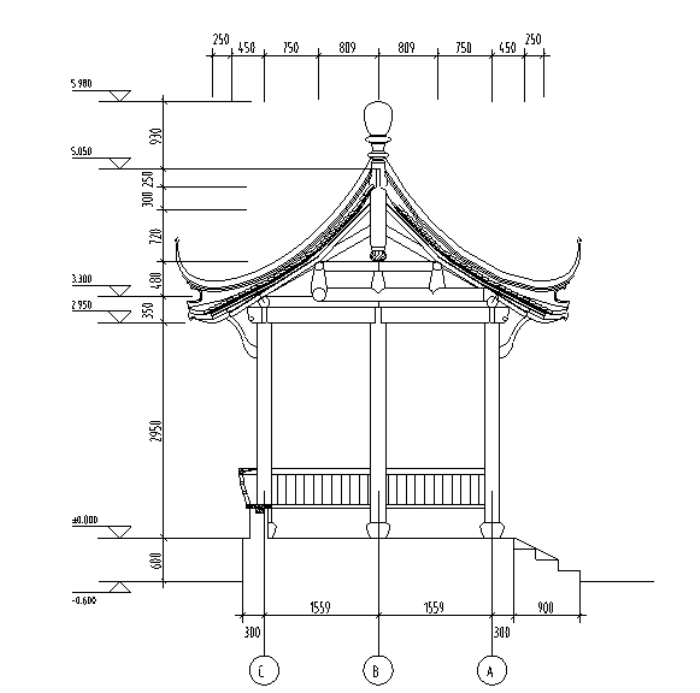 中国古建八角亭施工图-剖面图