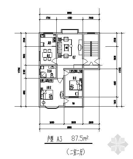 200平方米房间设计资料下载-二室二厅(87.5平方米)