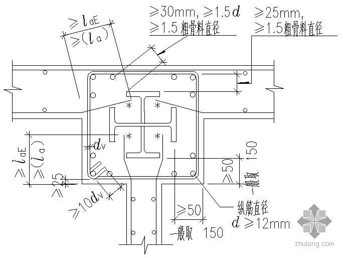 钢骨与钢筋连接资料下载-某钢筋混凝土剪力墙与钢骨混凝土柱的连接节点构造详图（二）