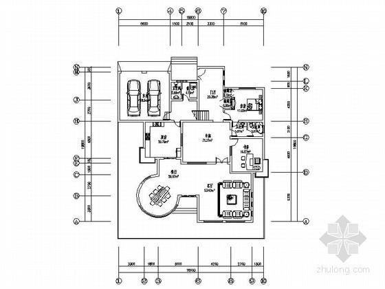 别墅中庭设计案例资料下载-某二层独栋别墅（内有中庭）平面图（477平方米）