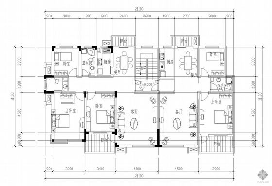 18层板式住宅户型图资料下载-板式多层一梯两户户型图(127/100)