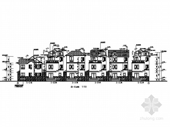[上海]欧式风格3层联排别墅建筑施工图（多个户型）-欧式风格3层联排别墅立面图 