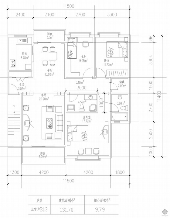 三室一厅室内su资料下载-板式多层一梯两户三室一厅二卫户型图(131/131)