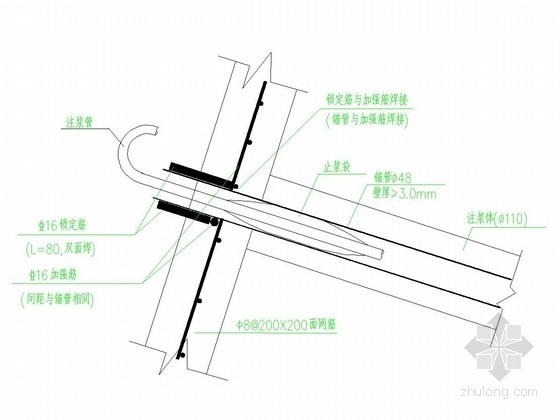 土钉墙结合水泥搅拌桩深基坑支护施工图-锚管与面层钢筋连接大样 