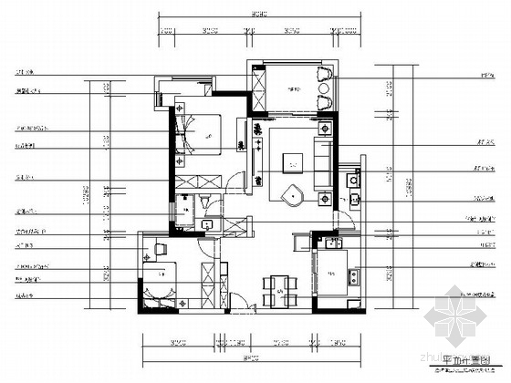 100平室内平面资料下载-[江苏]清新淡雅100平现代美式风格两居室样板间装修室内设计施工图（含效果）