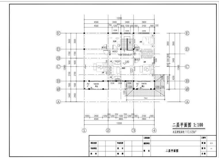 现代中式风格二层别墅建筑设计（效果图+施工图）-二层平面图