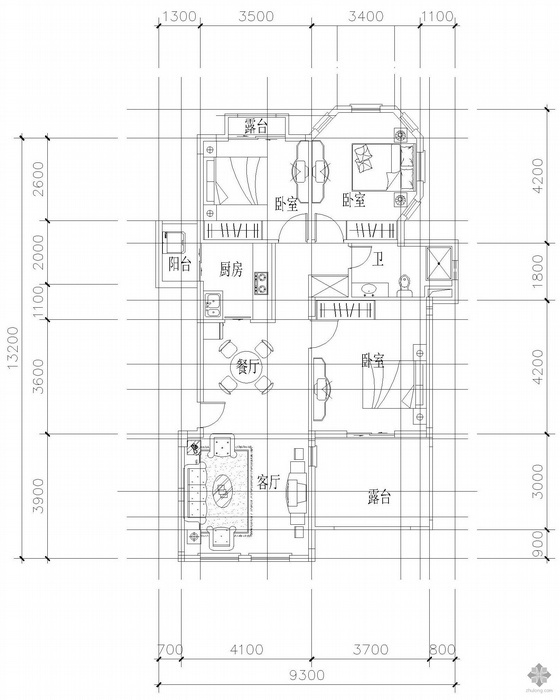 户型图一室一厅一卫资料下载-板式多层单户三室二厅一卫户型图(96)