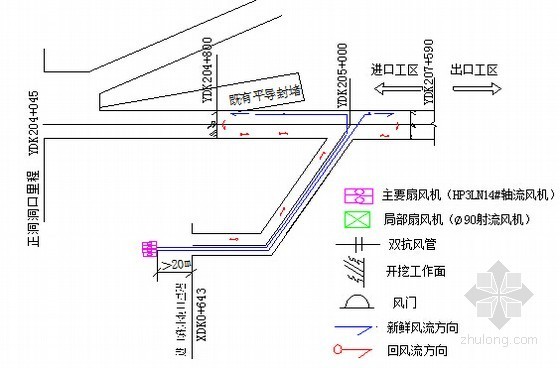 [四川]瓦斯岩爆不良地质区47km铁路站前工程总承包技术标366页（路桥涵隧轨道）-进口斜井工区压入式通风示意图 