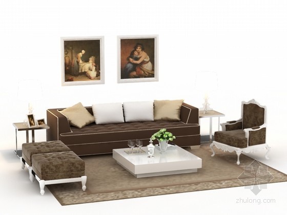 新中式沙发椅子组合3d模型资料下载-欧式沙发茶几组合3d模型下载