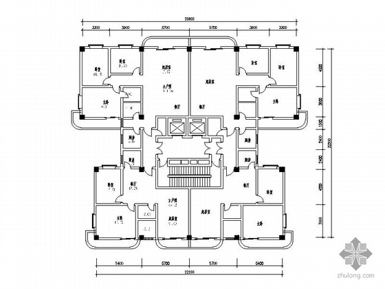五室两厅户型图资料下载-塔式高层一梯四户型图(111/84)