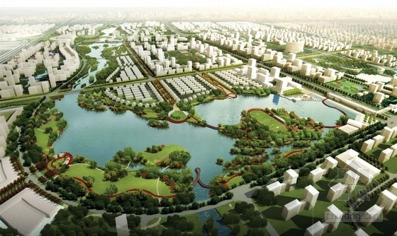 [南通]“景观飘带”为主题的可持续现代新城景观规划设计方案-鸟瞰图 