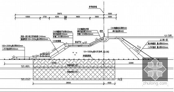 [海南]含挤密砂桩地基斜坡挡浪墙亲水平台海域人工岛工程施工组织设计158页-外护岸断面图（亲水平台）