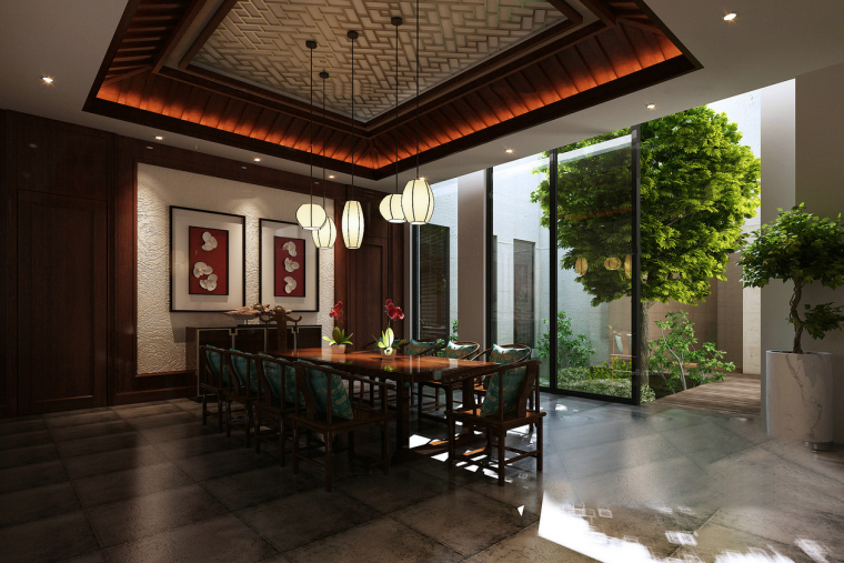 中式别墅庭院模型资料下载-中式庭院餐厅3D模型