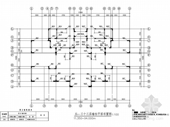 33层框架剪力墙结构住宅楼结构施工图-五~三十三层墙柱平面布置图 