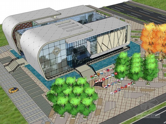 生态建筑文化展览馆资料下载-展览馆广场SketchUp模型下载