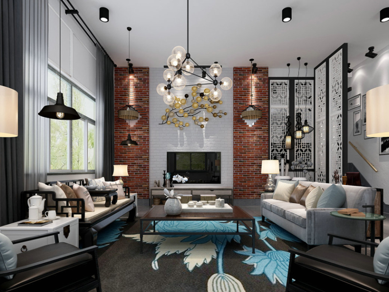 新中式家具3d模型资料下载-新中式客厅3D模型下载